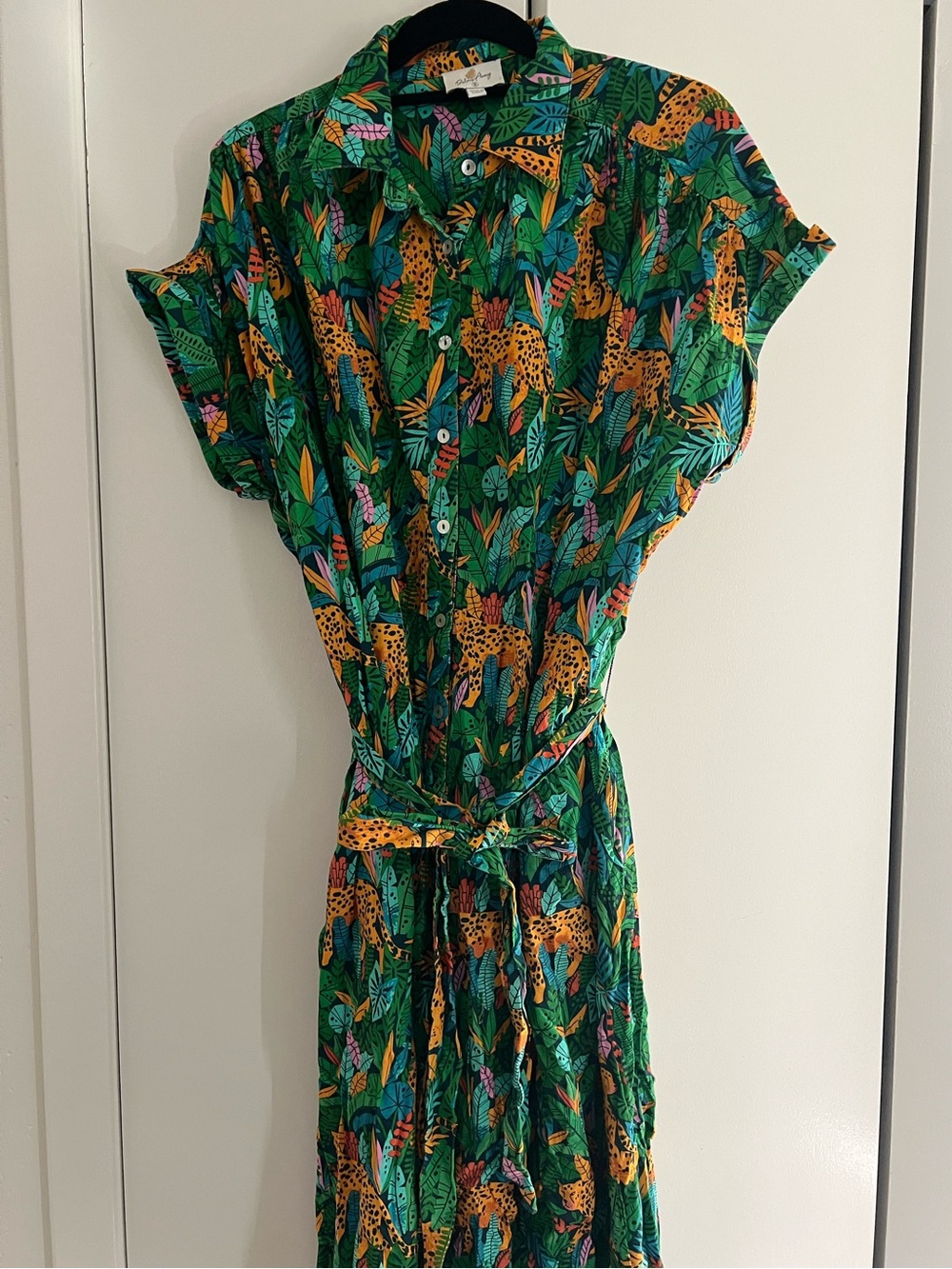 Palms Away Tropical Animal Print Belted Shirtdress Midi Length Linen Blend